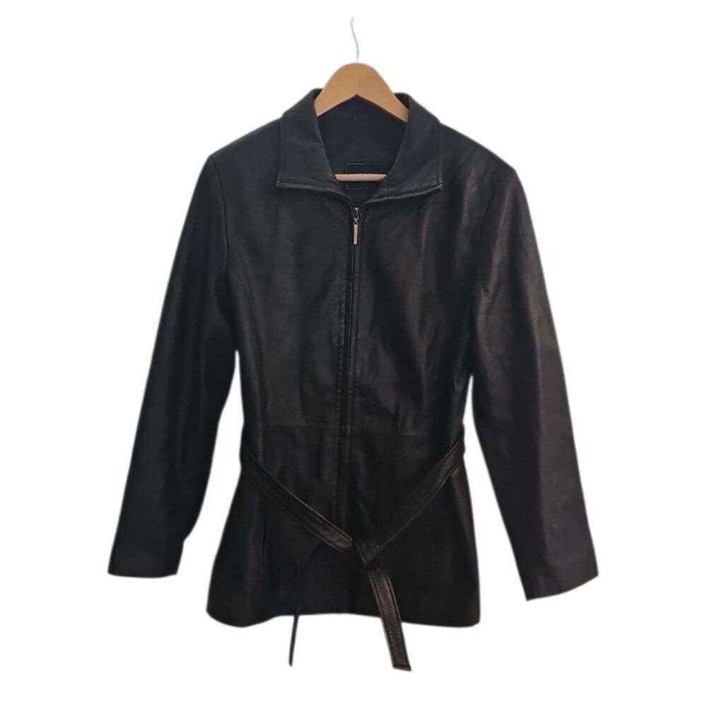 Outbrook Genuine Leather Jacket Women M Black Belted Y2K Minimalist Coat